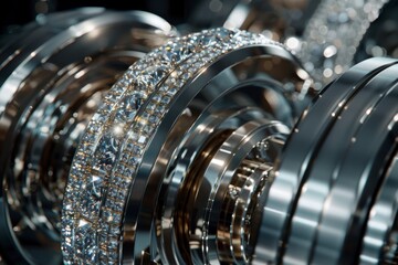Jeweled Gears: A mesmerizing display of intricate mechanical gears, lavishly adorned with sparkling gems, in a close-up shot, showcasing the fusion of engineering and luxury.