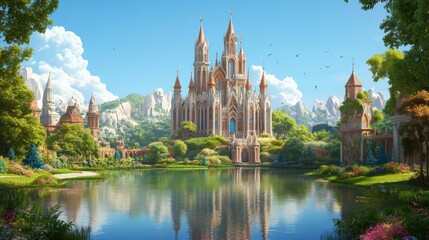 Majestic castle reflected in serene lake, mountainous backdrop, fantasy setting, game art