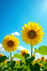 Naklejka premium Vibrant sunflowers under clear blue sky, perfect for summer designs, background, summer