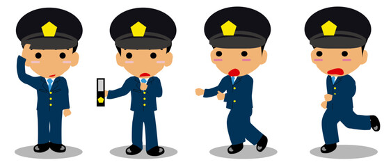 Cartoon Police Officer in Various Action Poses - Salute, Inspection, Running, and Chasing