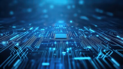 Abstract blue circuit board pattern on a dark background