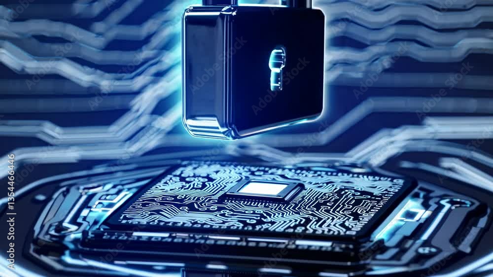 Poster futuristic video concept of cybersecurity with a close-up angle showing a glowing lock hovering over