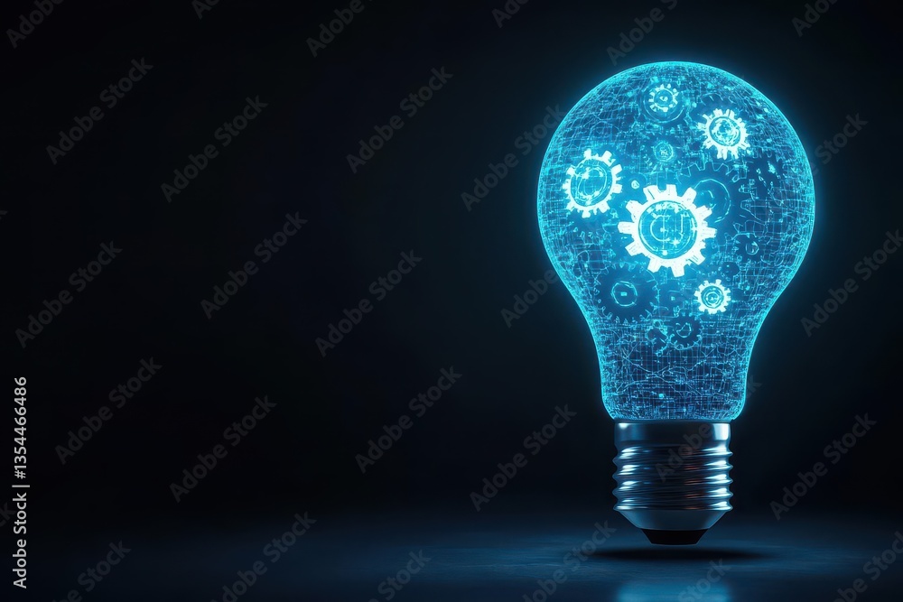 Poster Abstract blue glowing light bulb with gears inside Artificial intelligence and machine learning concept
