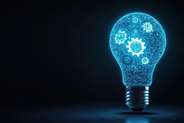 Abstract blue glowing light bulb with gears inside Artificial intelligence and machine learning concept