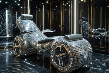 Glamorous Luminescence: A futuristic, eye-catching lounge chair covered in sparkling mirrored tiles, exuding opulence and modern design, a testament to luxury and innovative interior styling.