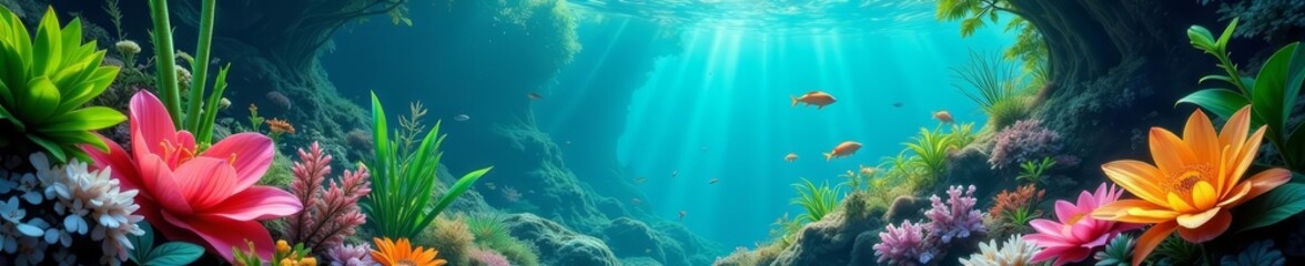 Fototapeta premium Vibrant underwater garden with colorful flowers and lush green plants, lush, flowers