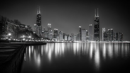Fototapeta premium Cityscape, nighttime, lakefront, reflection, Chicago