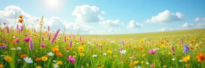 Fototapeta premium Vibrant wildflowers and windswept grasses in tranquil meadow, serene, flowers