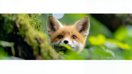 Curious Fox Cub Peeking Through Green Foliage in Natural Habitat Scenery
