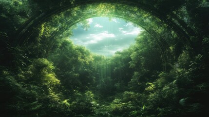 Lush green tunnel, vibrant, natural, ethereal.  Sunlight streams through a dense, arching forest canopy
