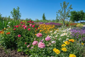A colorful flower garden with freshly planted roses, daisies, and tulips, showcasing vibrant colors against a clear blue sky, full of life and beauty