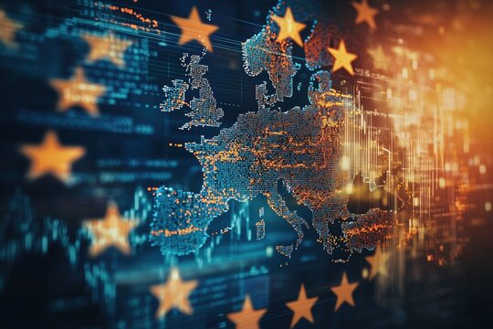 A double-exposure effect of the Europe and a fluctuating stock market graph, merging seamlessly into each other, symbolizing economic governance and financial policy shifts