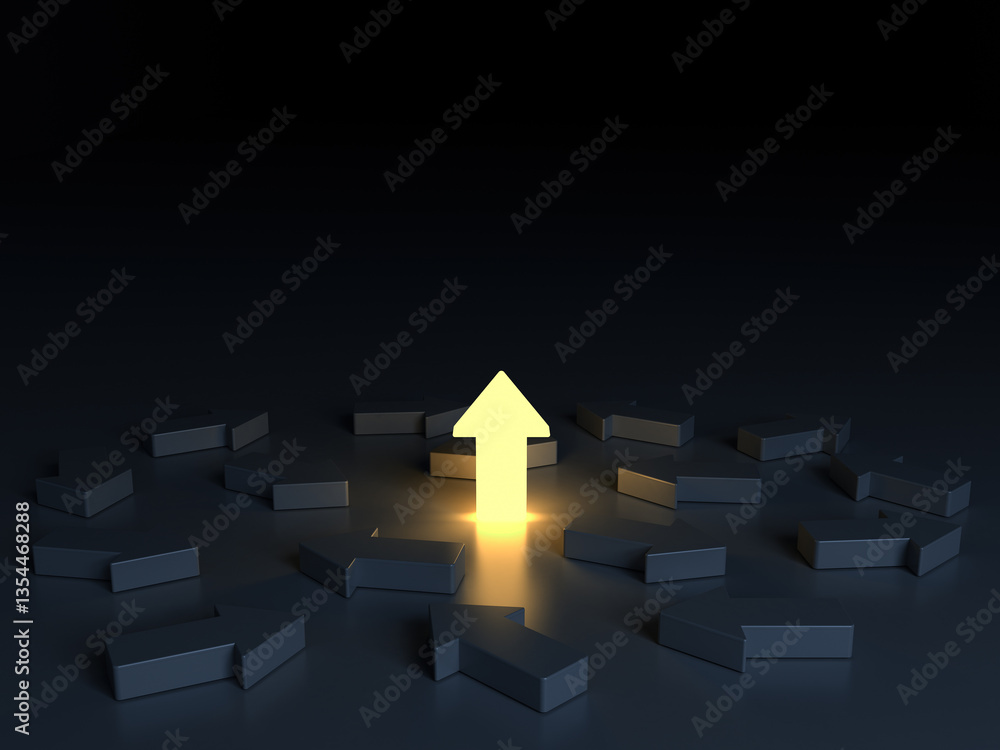 Poster One glowing light up arrow amongs the unlit or dim arrows stand out from the crowd in the dark room background with reflections leadership and different business creative idea concepts 3D rendering