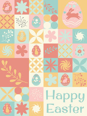happy easter poster, geometry bauhaus style, pastel colors pattern, easter ornate elements