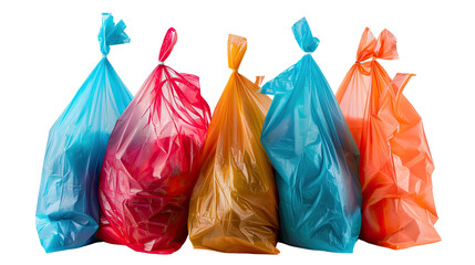 Colorful Trash Bags: A vibrant display of colorful trash bags, each filled and tied, presenting a visual statement about waste management and disposal, isolated for emphasis on the forms and colors.