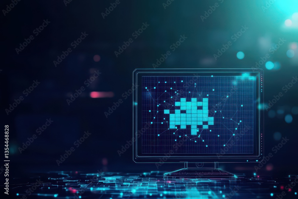 Poster Abstract desktop and jigsaw puzzle on screen Business solution concept on dark background Monochrome light blue hologram style Low poly wireframe vector illustration with connected