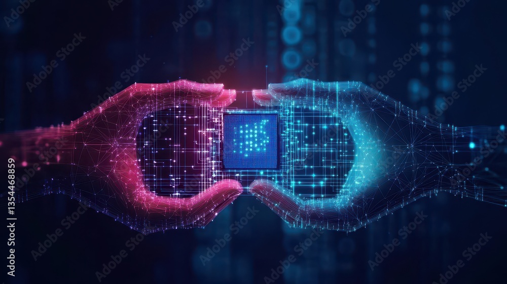 Poster Abstract digital AI chip between human tech wireframe palms Artificial intelligence technology background Protection of semiconductor or microchip Low poly wireframe vector illustr