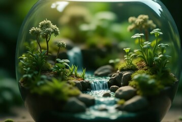 Miniature garden with water feature in a glass terrarium  