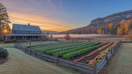 Rustic farmhouse nestled amidst a vibrant autumnal garden, bathed in morning sun