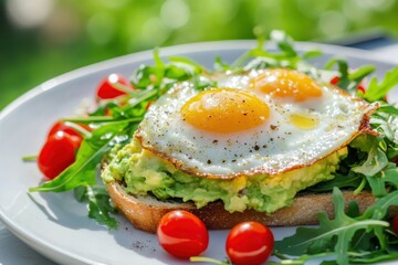 Healthy sandwich with avocado, eggs and microgreens on toast on a serving plate for breakfast. Fried eggs with avocado toast on white plate with an salad, red cherry tomatoes.