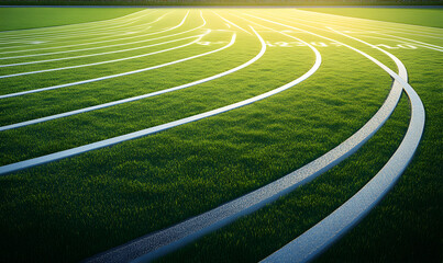 Lush green running track with white lane markings curving towards a bright horizon, signifying athletic competition and achievement.