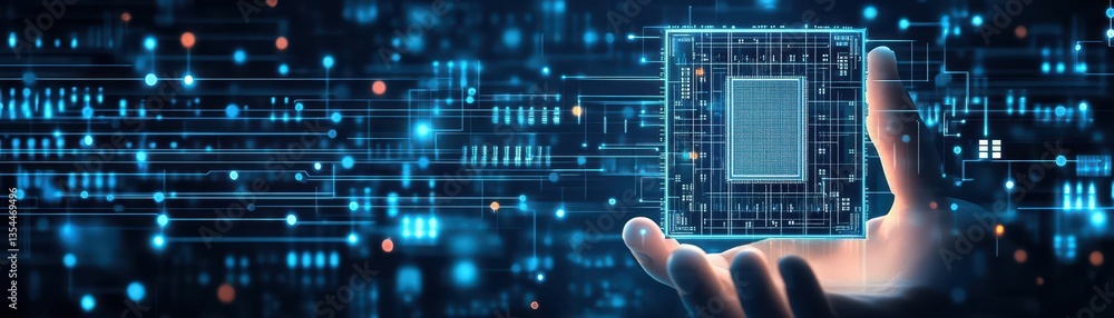 Poster Abstract digital semiconductor hologram in technology hand Humanoid hand holding computer chip AI innovation concept Tech bg Artificial Intelligence Science background