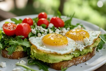Healthy sandwich with avocado, eggs and microgreens on toast on a serving plate for breakfast. Fried eggs with avocado toast on white plate with an salad, red cherry tomatoes.