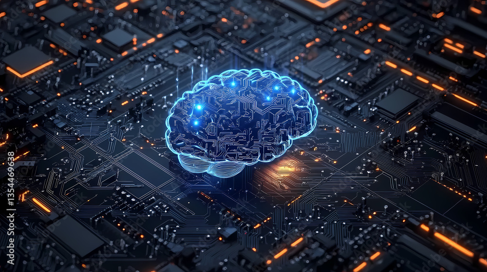 Poster circuit board with glowing brain pattern