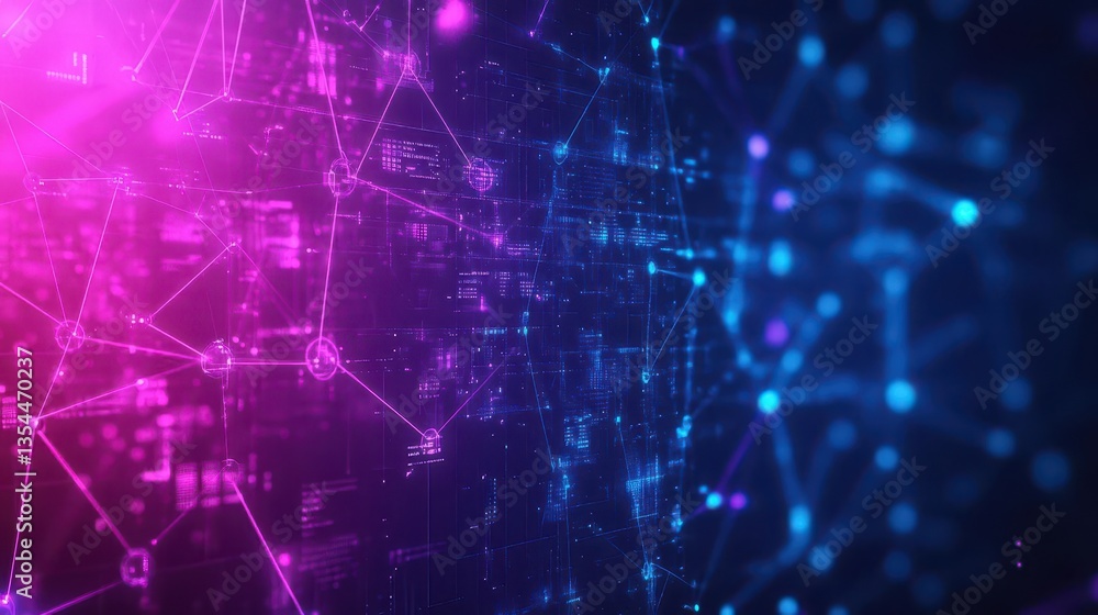 Poster Abstract futuristic network with glowing purple and blue lights depicting tech and data concepts