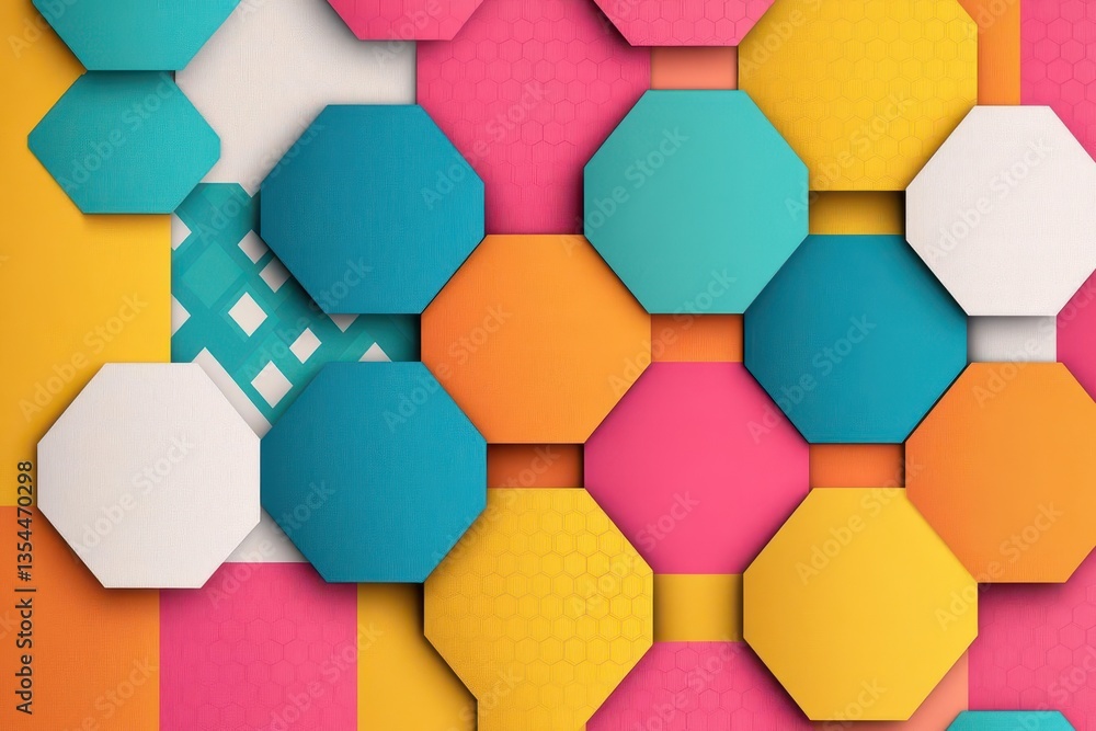 Fototapete Abstract geometric design hexagonal grids and zigzag patterns blended with lattice motifs in a modern vibrant color scheme