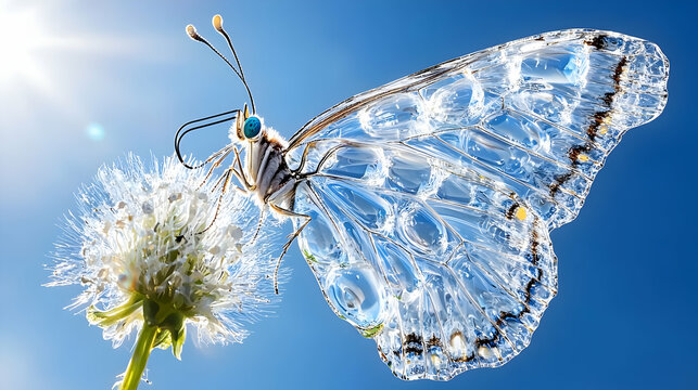 Fototapeta Closeup of a White Butterfly on a Dandelion Against a Bright Blue Sky