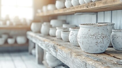 Rustic pottery display on wooden shelves