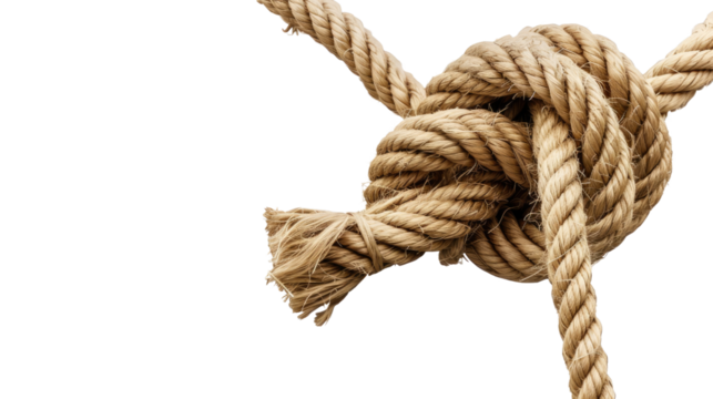Intertwined Strength: A close-up shot captures a complex knot tied with rugged rope, symbolizing strength, connection, and the challenges of life's journey.