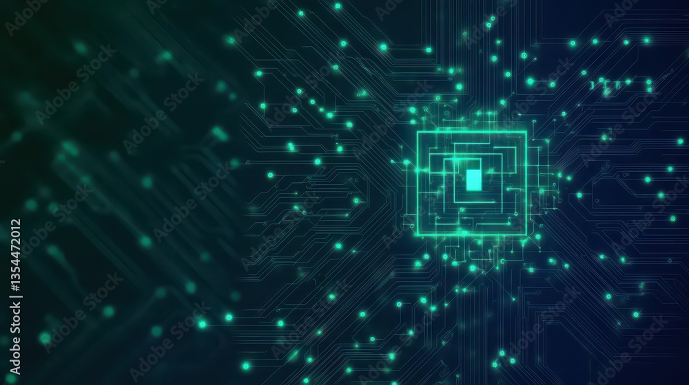 Poster AI banner with a futuristic green circuit design highlighting the integration of data and tech The background features symmetrical circuits