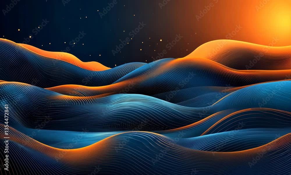 Aufkleber abstract line art animation: seamlessly flowing waves with dazzling lights in dark backdrop