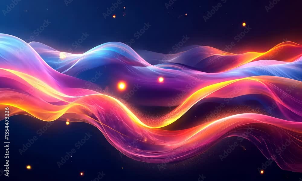 Poster abstract colorful energy waves flowing on a dark background with subtle particle effects