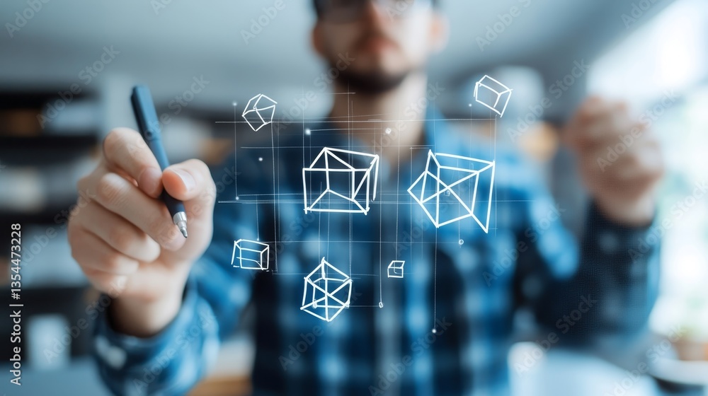 Poster man engaging in digital design with holographic geometric shapes in a modern workspace during daytim