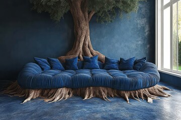 Interior design featuring a tree growing behind a blue sofa