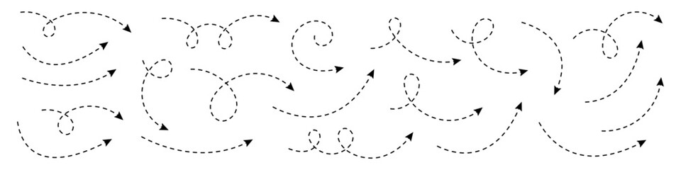 Curved dotted arrow. Collection of dashed curved hand drawn arrows. Zigzag arrow stripes design with dotted lines.