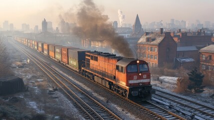 Freight Train Chugging Through a Winter Cityscape