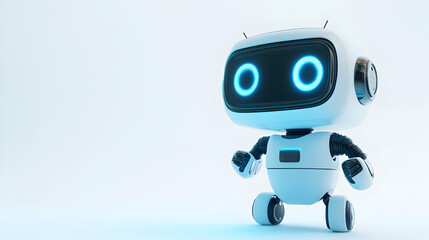A robot with blue eyes stands on a white background
