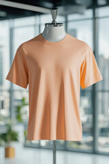 Plain peach t-shirt displayed on mannequin in modern room with city view