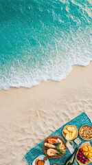 Fototapeta premium A vibrant beach scene featuring a picnic spread with various foods and a turquoise sea in the background.