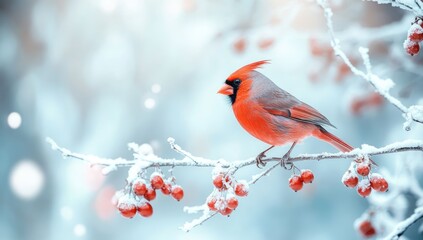 Winter cardinal perched on snowy branch
