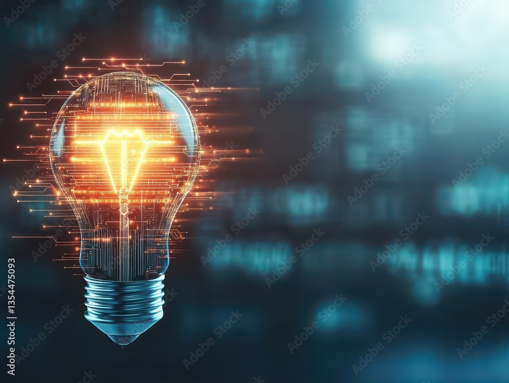 Poster AIdriven innovation represented by a glowing light bulb and digital circuits