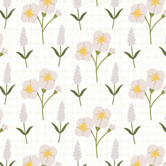 Seamless floral pattern with spring flowers on a gingham background. A charming pattern featuring hand-drawn summer flowers. Perfect for fabric design, wallpapers, stationery, wrapping paper.