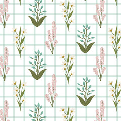 Seamless floral pattern with spring flowers on a gingham background. A charming pattern featuring hand-drawn summer flowers. Perfect for fabric design, wallpapers, stationery, wrapping paper.
