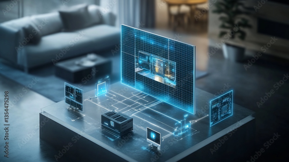 Poster smart home technology: a futuristic digital network displaying home automation and security systems.