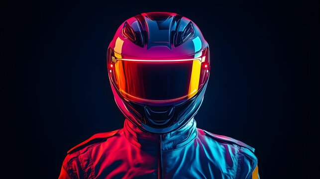 52. A street racer wearing a neon-lit helmet, facing forward in darkness