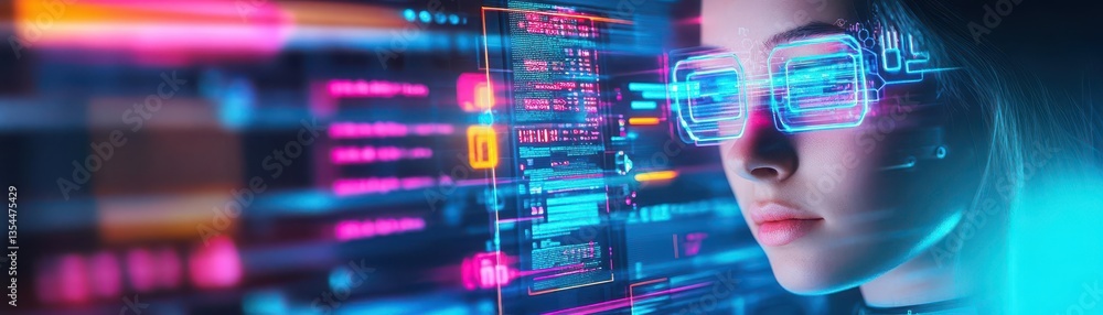Aufkleber AIpowered robot optimizing user experience design on a futuristic digital interface, analyzing layouts and prototypes with vibrant neon accents in a creative workspace